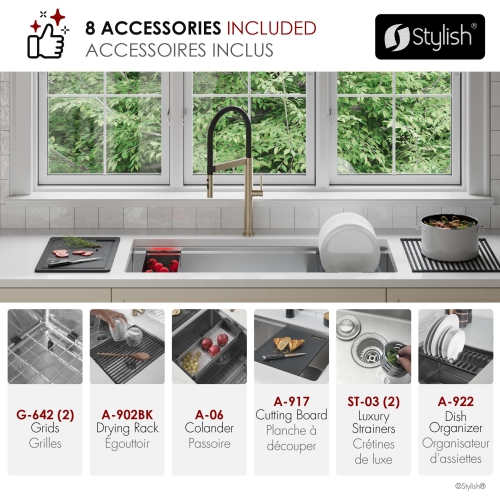 STYLISH Undermount 42 inch Stainless Steel Double Bowl 70/30 Workstation Kitchen Sink with Black Accessories