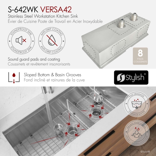 STYLISH Undermount 42 inch Stainless Steel Double Bowl 70/30 Workstation Kitchen Sink with Black Accessories