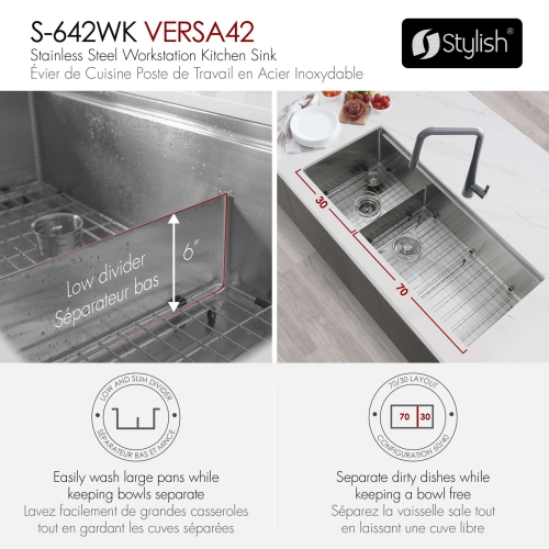 STYLISH Undermount 42 inch Stainless Steel Double Bowl 70/30 Workstation Kitchen Sink with Black Accessories
