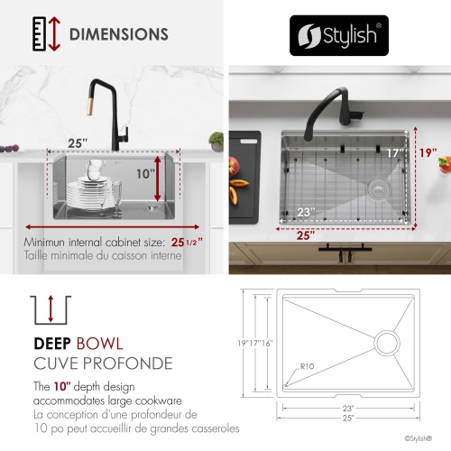 STYLISH Undermount 25 inch Stainless Steel Single Bowl Workstation Kitchen Sink with Black Accessories