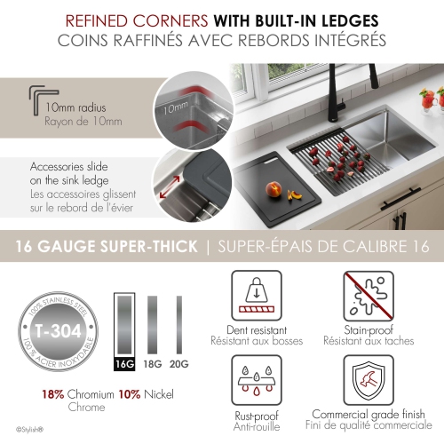 STYLISH Undermount 25 inch Stainless Steel Single Bowl Workstation Kitchen Sink with Black Accessories