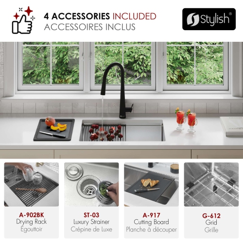 STYLISH Undermount 25 inch Stainless Steel Single Bowl Workstation Kitchen Sink with Black Accessories
