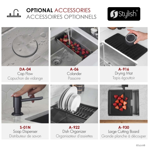 STYLISH Undermount 25 inch Stainless Steel Single Bowl Workstation Kitchen Sink with Black Accessories