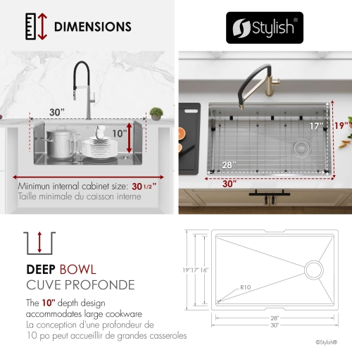 STYLISH Undermount 30 inches Stainless Steel Single Bowl Workstation Kitchen Sink with Black Accessories