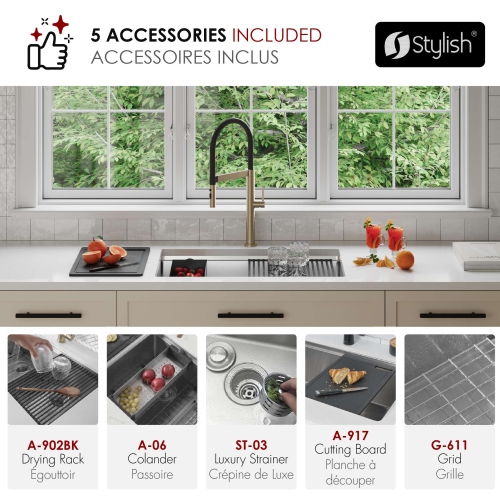 STYLISH Undermount 30 inches Stainless Steel Single Bowl Workstation Kitchen Sink with Black Accessories