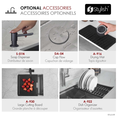 STYLISH Undermount 30 inches Stainless Steel Single Bowl Workstation Kitchen Sink with Black Accessories