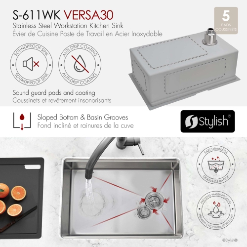 STYLISH Undermount 30 inches Stainless Steel Single Bowl Workstation Kitchen Sink with Black Accessories