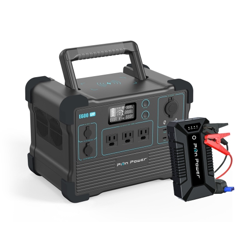 Pion Power E600LFP Portable Power Station 614Wh 1200W with YC08 Jumpstarter 12V Car Battery, 7200 mAh Power Bank- Camping Kit