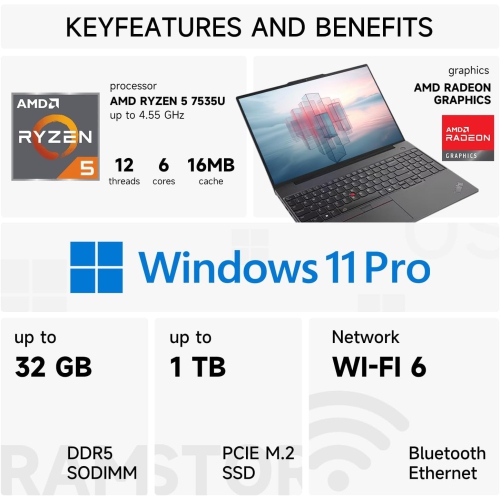 Lenovo ThinkPad E16, 16" FHD+ 1920x1200, Ryzen 5 7535U, 32GB DDR5 RAM, 1TB SSD, FP Reader, IR Cam, Backlit KB, Wi-Fi 6, Win 11 Pro, Black