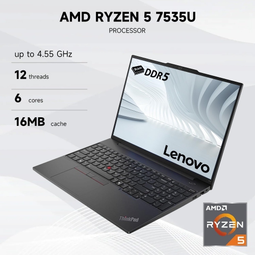 Lenovo ThinkPad E16, 16" WUXGA, Ryzen 5 7530U, 16GB RAM, 512GB SSD, FP Reader, HDMI, RJ-45, Webcam, Wi-Fi 6, Win 11 Pro, Black