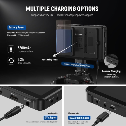 Refurbished - NEEWER F700 7" Camera Field Monitor, 2000nit HD 1920x1080 IPS Touch Screen with 3D LUT, 4K HDMI Loop in/Out - F700 w/ 1 NP-F750 Battery