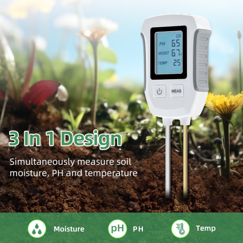 Soil Meter,3 in 1 Digital Plant Soil Moisture Meter with PH/Moisture/Temperature for Garden,Lawn,Farming and House/Outdoor Plants
