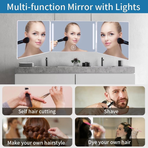 Miroir LED à trois plis, miroir à 360 degrés pour la coupe des cheveux, miroir à trois volets portatif pour les voyages, chambres à coucher, salle de