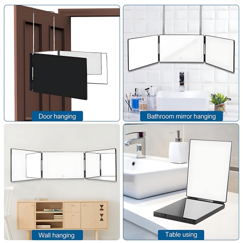 Miroir LED à trois plis, miroir à 360 degrés pour la coupe des cheveux, miroir à trois volets portatif pour les voyages, chambres à coucher, salle de