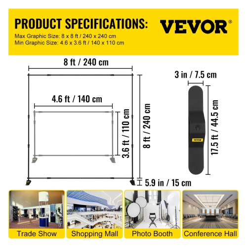 VEVOR 8 x 8 Ft Backdrop Banner Stand, Adjustable Heavy Duty Background Stand with 1 Carrying Bag, Backdrop Stand for Parties, Wedding, Photo Booth,