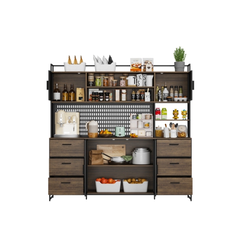 FAMAPY  Rustic Industrial Kitchen Sideboard Buffet Cabinet With Hutch – Wood And Metal Storage Unit With Drawers, Cabinets