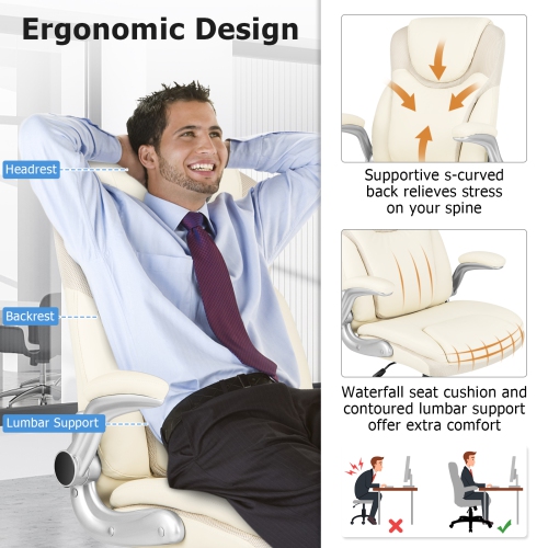 Ergonomic Office Executive Chair with PU Leather, Flip-up Armrests, and Rocking Function