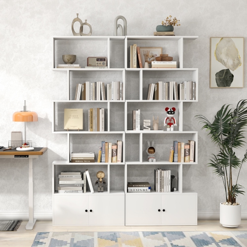 6-Tier S-Shaped Freestanding Bookshelf with Cabinet and Doors for Storage
