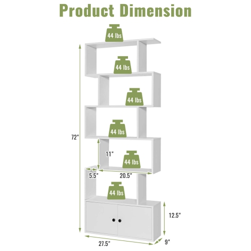 6-Tier S-Shaped Freestanding Bookshelf with Cabinet and Doors for Storage