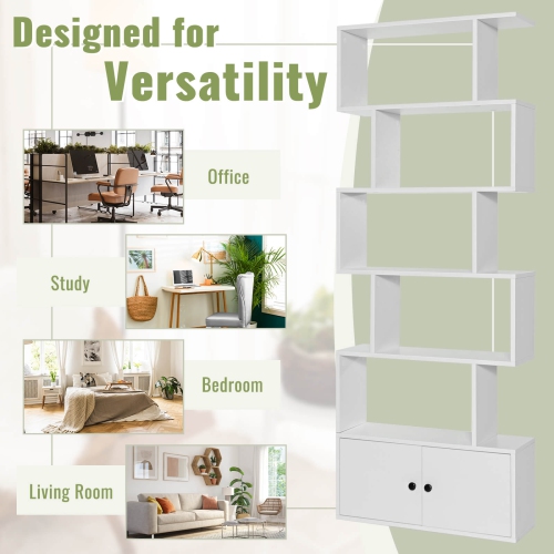 6-Tier S-Shaped Freestanding Bookshelf with Cabinet and Doors for Storage