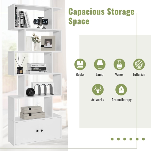 6-Tier S-Shaped Freestanding Bookshelf with Cabinet and Doors for Storage