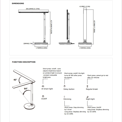 Eyelumia LED Full Spectrum Eye-Caring Smart Desk Lamp with Auto Dimming, 4000K/3000K, 15W, Night Light & Rest Reminder, White