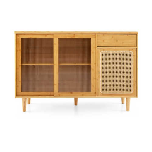 SLICKBLUE  Contemporary Wicker Storage Cabinet With Sliding Tempered Glass Doors