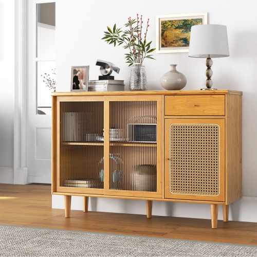 Contemporary Wicker Storage Cabinet with Sliding Tempered Glass Doors