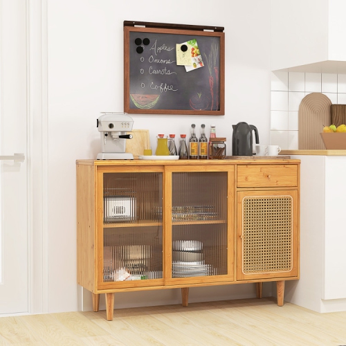 Contemporary Wicker Storage Cabinet with Sliding Tempered Glass Doors