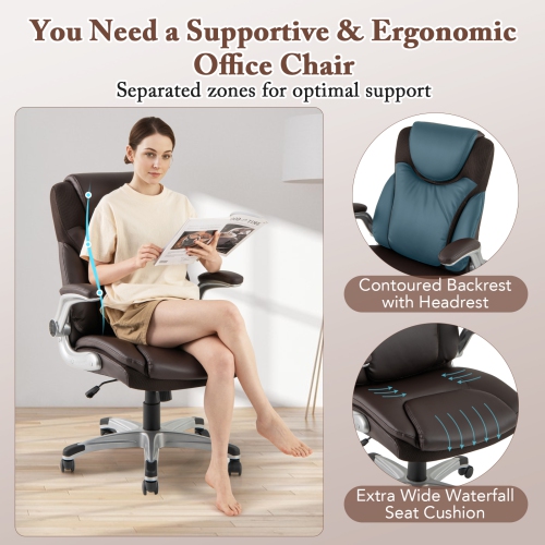Ergonomic Office Executive Chair with PU Leather, Flip-up Armrests, and Rocking Function