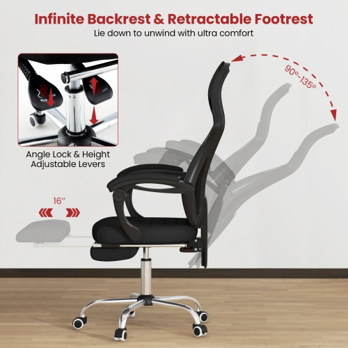 Mesh Office Chair with Ergonomic Design, Footrest, and Tilting Backrest