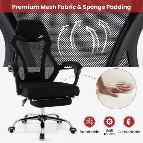 Mesh Office Chair with Ergonomic Design, Footrest, and Tilting Backrest