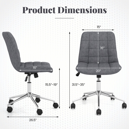Armless Office Chair with Wheels, Adjustable Height, Upholstered Vanity Seat