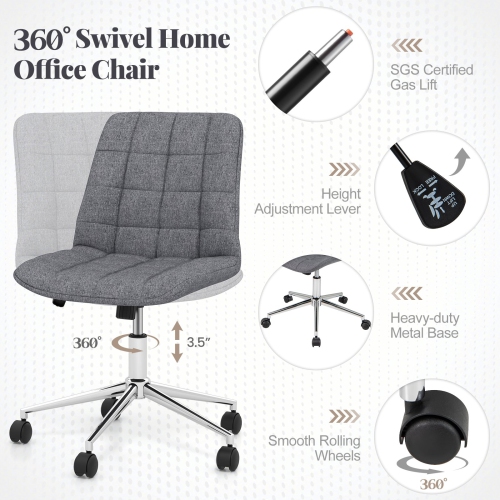 Armless Office Chair with Wheels, Adjustable Height, Upholstered Vanity Seat
