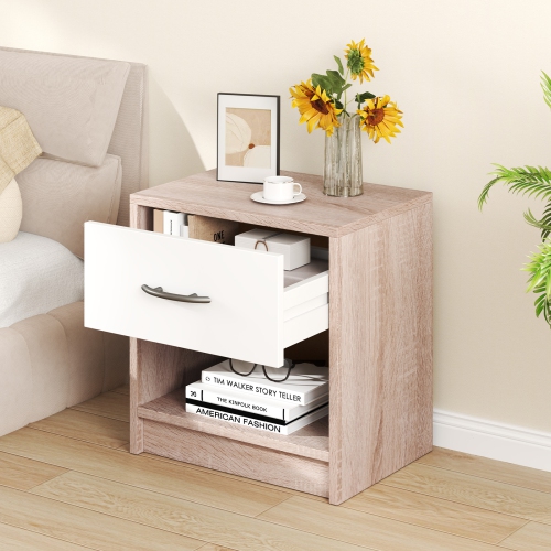 Modern Nightstand with Drawer and Open Shelf – Bedside Storage Table for Small Spaces