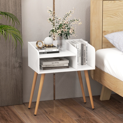 Mid-Century End Table with Storage Shelves – Accent Nightstand for Bedroom