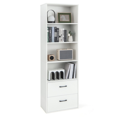 6-Tier Tall Freestanding Bookshelf with 4 Open Shelves and 2 Drawers for Storage