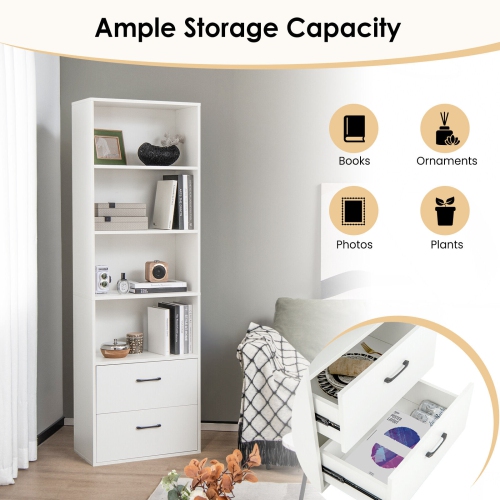 6-Tier Tall Freestanding Bookshelf with 4 Open Shelves and 2 Drawers for Storage