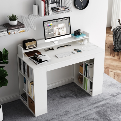 Office Computer Desk with Dual 3-Tier Bookshelf and Monitor Shelf for Workspace