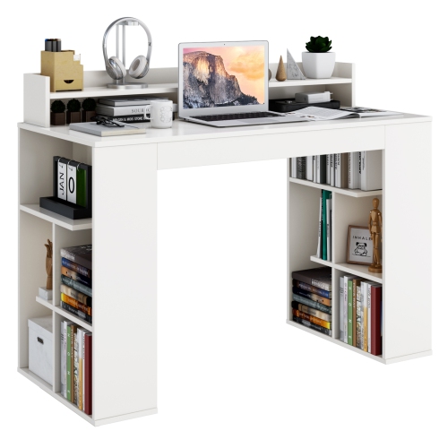 Office Computer Desk with Dual 3-Tier Bookshelf and Monitor Shelf for Workspace