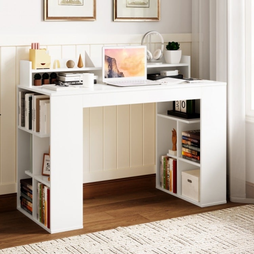 Office Computer Desk with Dual 3-Tier Bookshelf and Monitor Shelf for Workspace