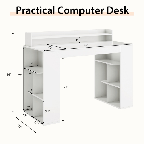 Office Computer Desk with Dual 3-Tier Bookshelf and Monitor Shelf for Workspace