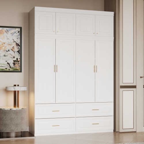 Famapy Modern White Armoire Wardrobe Closet with Hanging Rod, Cube Storage & Drawers – Freestanding MDF Bedroom Organizer