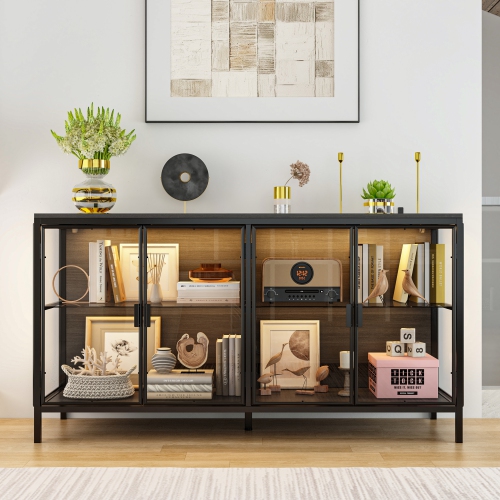 Famapy Modern Metal Filing Cabinet with Glass Doors and LED Lighting – Industrial Storage Sideboard with USB-Powered 3-Color Light Strip, Adjustable