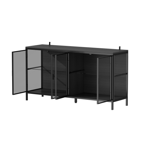 Famapy Modern Metal Filing Cabinet with Glass Doors and LED Lighting – Industrial Storage Sideboard with USB-Powered 3-Color Light Strip, Adjustable