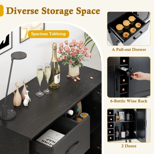Modern Wine Bar Cabinet with 6-Bottle Rack and Storage for Dining or Living Room