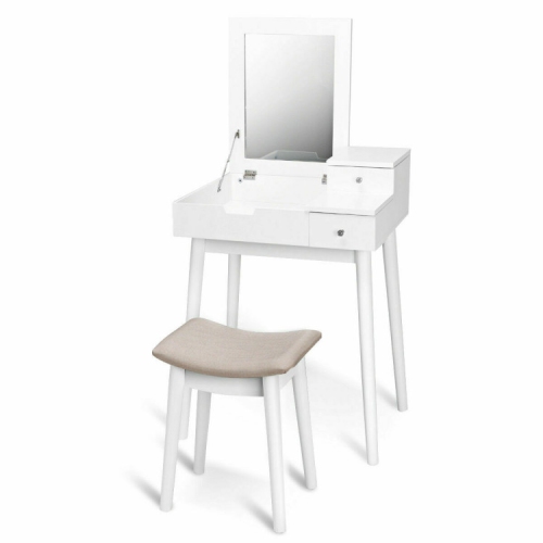 Ensemble de coiffeuse compacte – Bureau de maquillage avec miroir rabattable avec rangement et tabouret