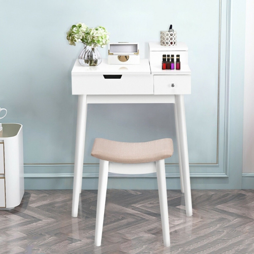 Ensemble de coiffeuse compacte – Bureau de maquillage avec miroir rabattable avec rangement et tabouret