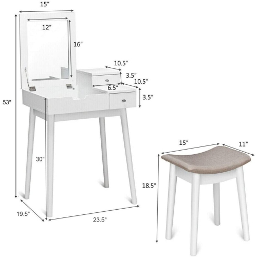 Ensemble de coiffeuse compacte – Bureau de maquillage avec miroir rabattable avec rangement et tabouret