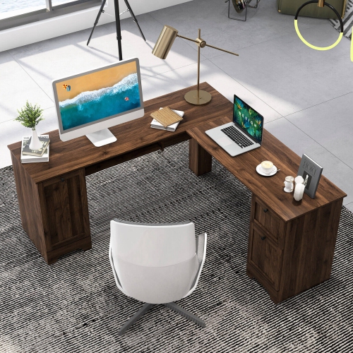 L-Shaped Desk with Storage Drawers and Keyboard Tray, Perfect for Office Setup